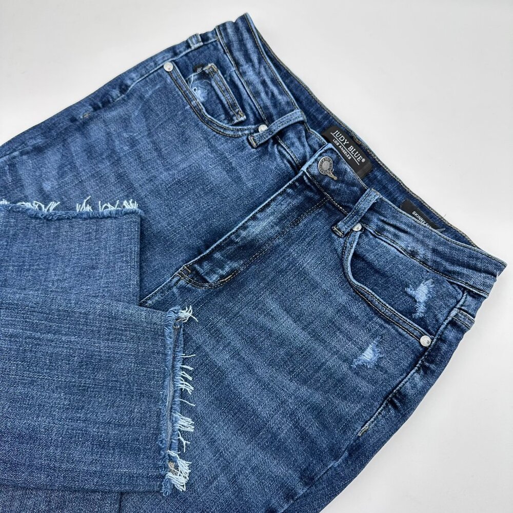 Judy Blue Mid-Dark Blue High Rise Frayed Hem Jeans